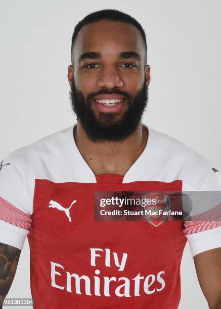 Alex Lacazette of Arsenal in the new home kit for season 2018-19 on March 16, 2018 in St Albans, England.