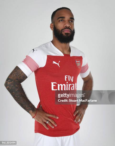 Alex Lacazette of Arsenal in the new home kit for season 2018-19 on March 16, 2018 in St Albans, England.