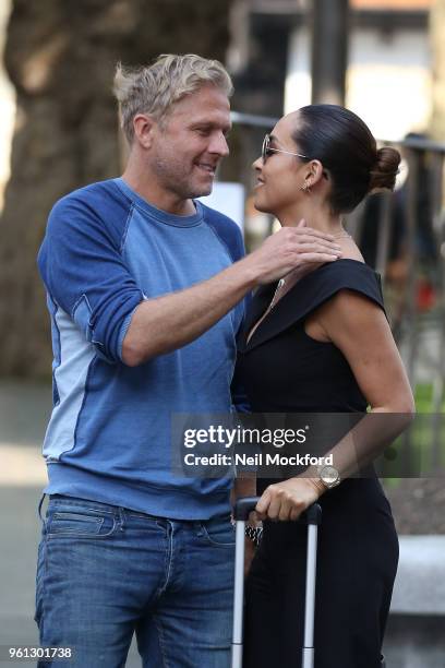 Myleene Klass seen embracing Simon Motson as she arrives at Smooth Radio Studios on May 22, 2018 in London, England.