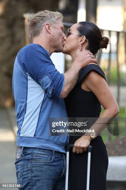 Myleene Klass seen embracing Simon Motson as she arrives at Smooth Radio Studios on May 22, 2018 in London, England.