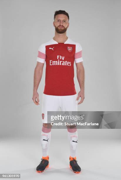Shkodran Mustafi of Arsenal in the new home kit for season 2018-19 on March 16, 2018 in St Albans, England.
