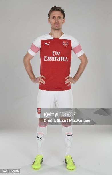 Nacho Monreal of Arsenal in the new home kit for season 2018-19 on March 16, 2018 in St Albans, England.
