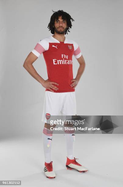 Mohamed Elneny of Arsenal in the new home kit for season 2018-19 on March 16, 2018 in St Albans, England.
