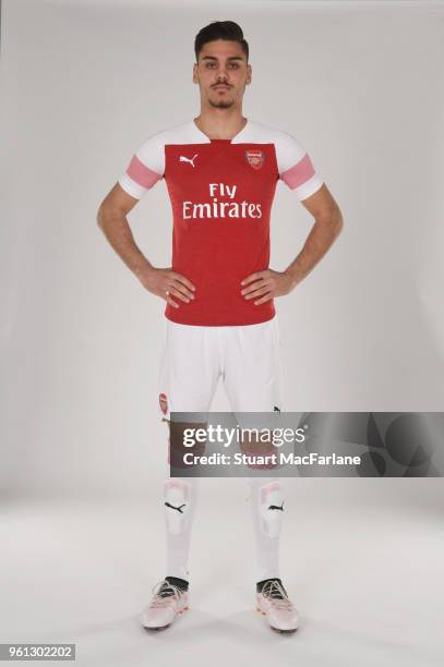 Konstantinos Mavropanos of Arsenal in the new home kit for season 2018-19 on March 16, 2018 in St Albans, England.