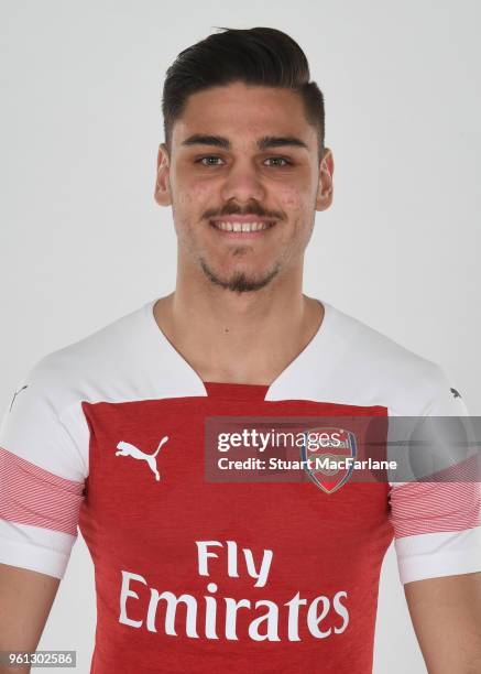 Konstantinos Mavropanos of Arsenal in the new home kit for season 2018-19 on March 16, 2018 in St Albans, England.