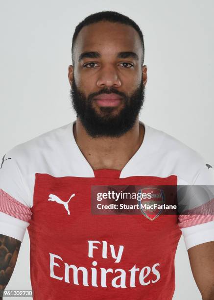 Alex Lacazette of Arsenal in the new home kit for season 2018-19 on March 16, 2018 in St Albans, England.