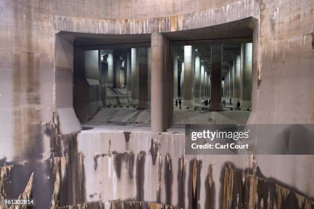 Delegation visits in the pressure-adjusting water tank of the Tokyo Metropolitan Area Outer Underground Discharge Channel on May 22, 2018 in...