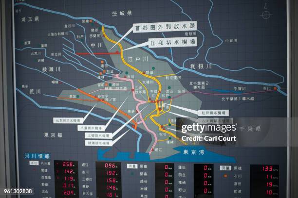 Display panel is pictured in the control room of the Tokyo Metropolitan Area Outer Underground Discharge Channel on May 22, 2018 in Kasukabe, Japan....