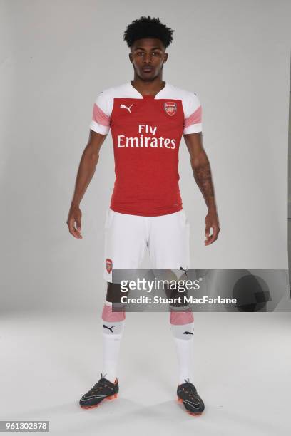Ainsley Maitland-Niles of Arsenal in the new home kit for season 2018-19 on March 16, 2018 in St Albans, England.