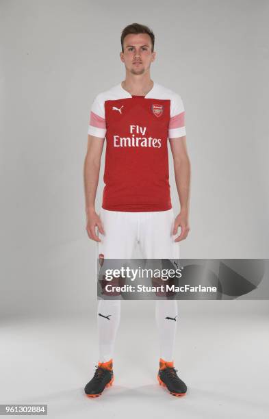 Rob Holding of Arsenal in the new home kit for season 2018-19 on March 16, 2018 in St Albans, England.