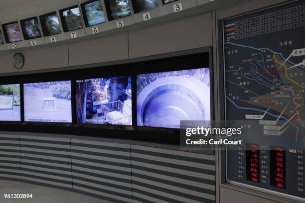 Screens showing different areas of the facility are pictured in the control room of the Tokyo Metropolitan Area Outer Underground Discharge Channel...