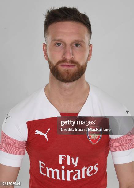 Shkodran Mustafi of Arsenal in the new home kit for season 2018-19 on March 16, 2018 in St Albans, England.