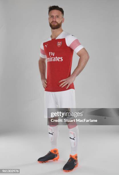 Shkodran Mustafi of Arsenal in the new home kit for season 2018-19 on March 16, 2018 in St Albans, England.