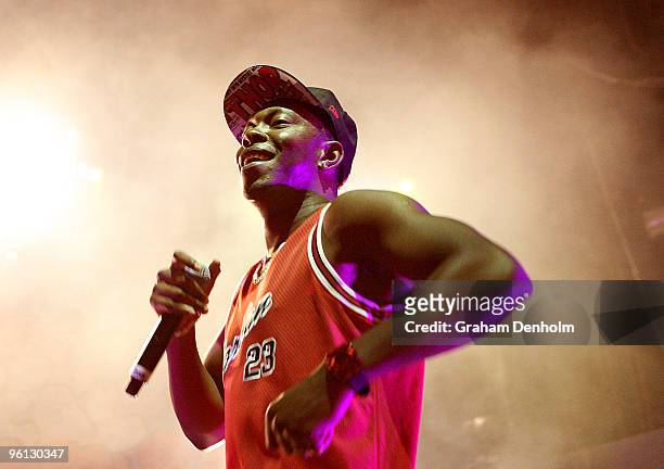 British rapper Dizzee Rascal performs on stage in concert at the Enmore Theatre on January 24, 2010 in Sydney, Australia.