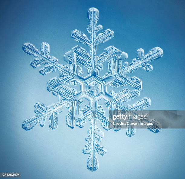 close-up of snowflake against blue background - eiskristall stock-fotos und bilder