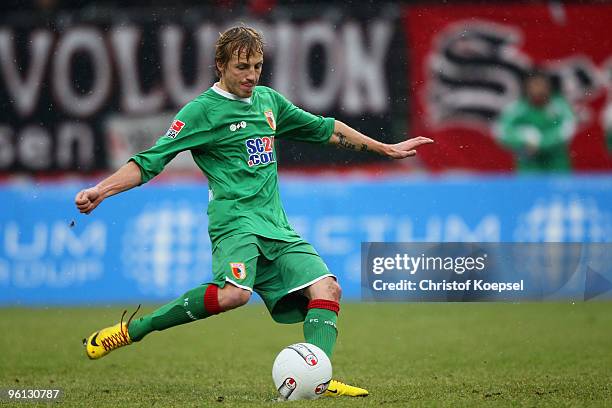 Michael Thurk of Augsburg scores the second goal by penalty during the Second Bundesliga match between RW Oberhausen and FC Augsburg at the...