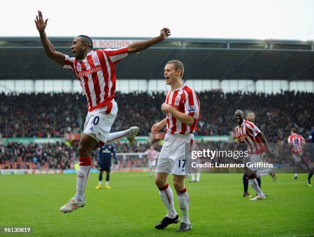 Ricardo Fuller of Stoke celebrates scoring the first goal during the FA Cup sponsored by E.ON Fourth Round match between Stoke City and Arsenal at...