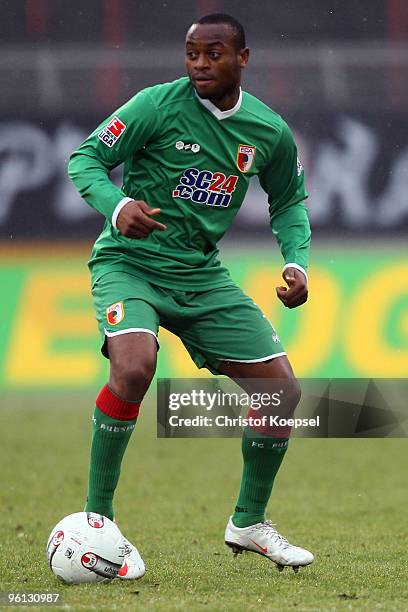 Nando Rafael of Augsburg runs with the ball during the Second Bundesliga match between RW Oberhausen and FC Augsburg at the Niederrhein Stadium on...