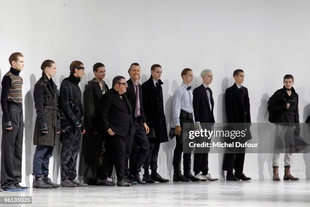 Models with designer Lucas Ossendrijver and Albert Elbaz at the Lanvin fashion show during Paris Menswear Fashion Week Autumn/Winter 2010 at Palais...