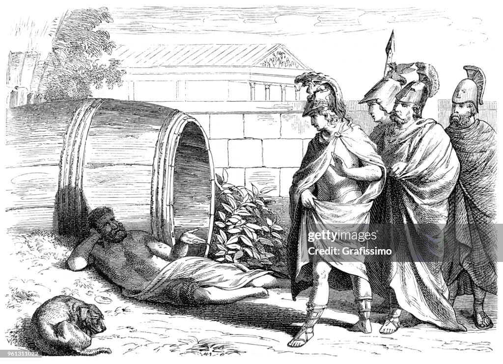 Diogenes Of Sinope in wine barrel with dog and Alexander the Great