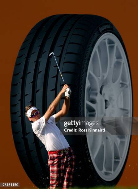 Ian Poulter of England on the 15th tee during the final round of the Abu Dhabi Golf Championship at the Abu Dhabi Golf Club on January 24, 2010 in...