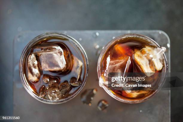 overhead view of iced coffee in drinking glasses at cafe - iced coffee stock pictures, royalty-free photos & images
