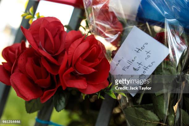 Floral tributes sit left at the site of the murder of Fusilier Lee Rigby on the fifth anniversary on May 22, 2018 in London, England. 25-year-old...