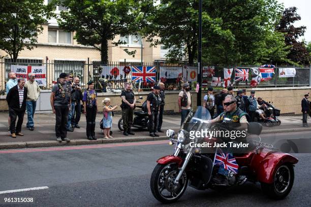 Bikers ride past the site of the murder of Fusilier Lee Rigby to mark the fifth anniversary of his death on May 22, 2018 in London, England....