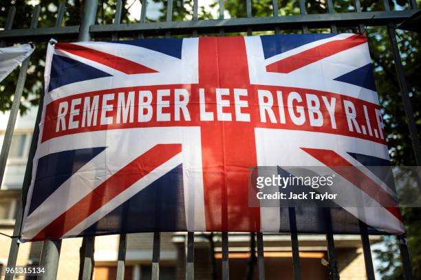 Flag hangs from railings at the site of the murder of Fusilier Lee Rigby on the fifth anniversary on May 22, 2018 in London, England. 25-year-old...