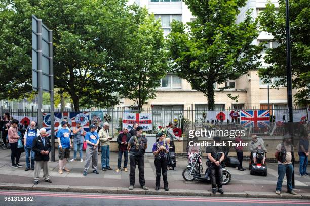 People gather to pay their respects and prepare to watch the bikers' drive-past the site of the murder of Fusilier Lee Rigby on the fifth anniversary...