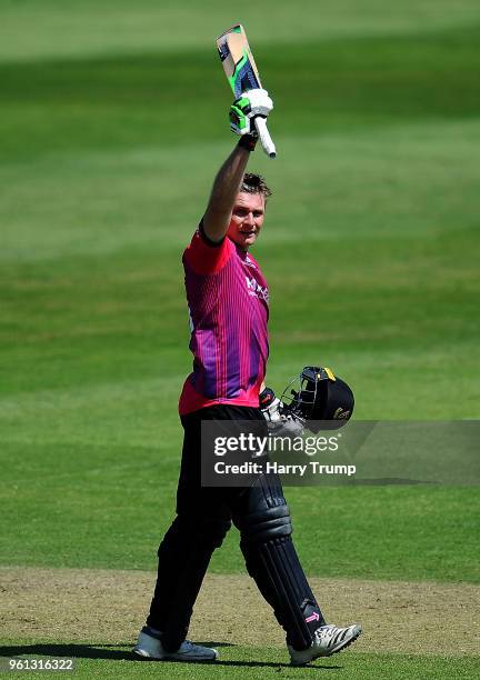 Luke Wright of Sussex celebrates his century during the Royal London One-Day Cup match between Somerset and Sussex at The Cooper Associates County...