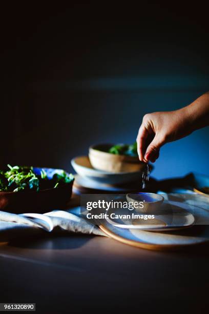 cropped hand of woman sprinkling salt in bowl while preparing salad at home - sal de cozinha - fotografias e filmes do acervo