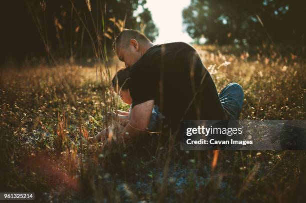 rear view of father with son sitting on grassy field - genderblend2015 stock pictures, royalty-free photos & images