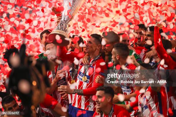 Players of Atletico Madrid lift the UEFA Europa League trophy during the UEFA Europa League Final between Olympique de Marseille and Club Atletico de...