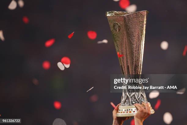 Players of Atletico Madrid lift the UEFA Europa League trophy during the UEFA Europa League Final between Olympique de Marseille and Club Atletico de...