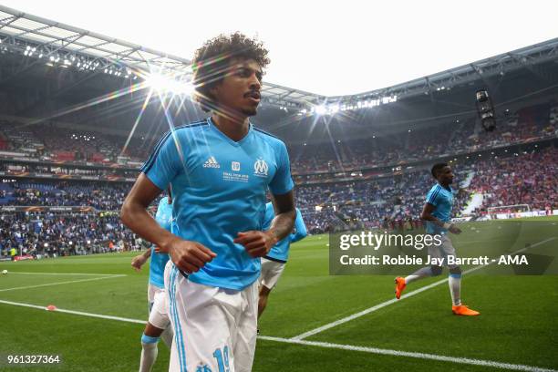 Marseille players warm up prior to the UEFA Europa League Final between Olympique de Marseille and Club Atletico de Madrid at Stade de Lyon on May...