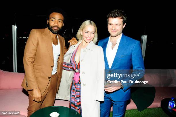 Donald Glover, Emilia Clarke and Alden Ehrenreich attend The Cinema Society With Nissan & FIJI Water Host The After Party For "Solo: A Star Wars...