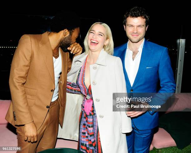 Donald Glover, Emilia Clarke and Alden Ehrenreich attend The Cinema Society With Nissan & FIJI Water Host The After Party For "Solo: A Star Wars...