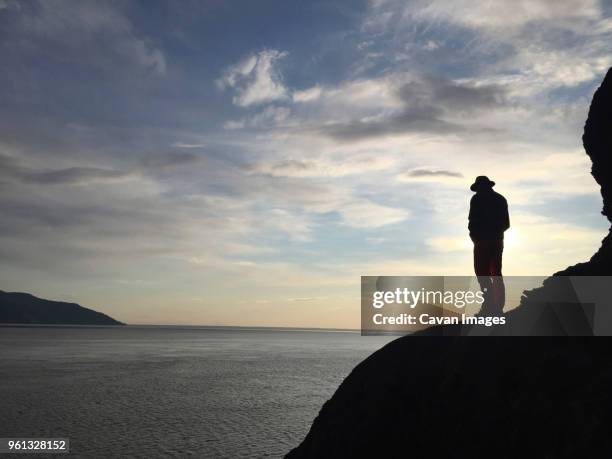 silhouette man standing on rocky mountain by sea during sunset - anchorage foto e immagini stock