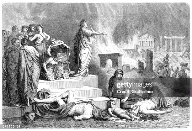 stockillustraties, clipart, cartoons en iconen met romeinse keizer nero burning rome illustratie 1880 - keizer