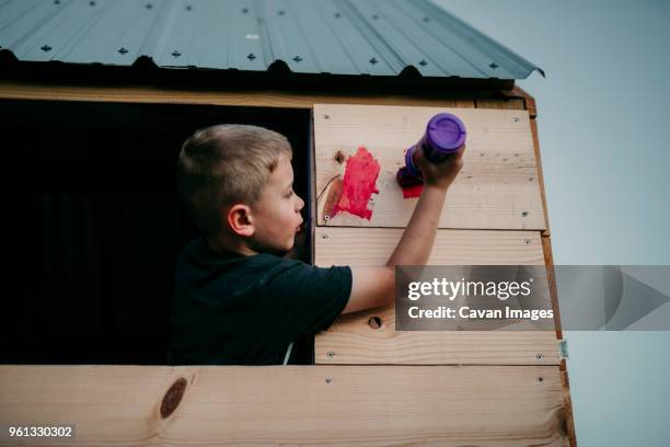 boy painting playhouse - playhouse stock pictures, royalty-free photos & images