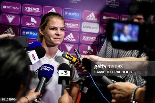 Lyon's French forward Eugenie Le Sommer answers journalists' questions on May 22 in Lyon, central-eastern France, ahead of the UEFA Women's Champions...
