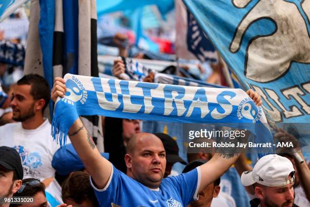 Fan fo Marseille holds up a scarf which reads ultras during the UEFA Europa League Final between Olympique de Marseille and Club Atletico de Madrid...