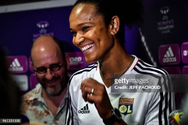 Lyon's French defender Wendie Renard answers journalists' questions on May 22 in Lyon, central-eastern France, ahead of the UEFA Women's Champions...