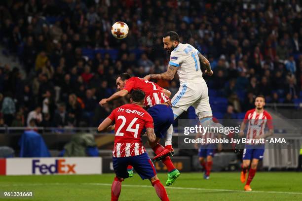 Kostas Mitroglou of Marseille has a header at goal during the UEFA Europa League Final between Olympique de Marseille and Club Atletico de Madrid at...