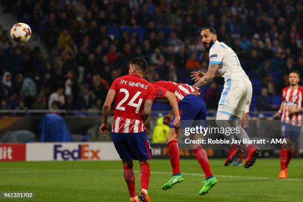 Kostas Mitroglou of Marseille has a header at goal during the UEFA Europa League Final between Olympique de Marseille and Club Atletico de Madrid at...