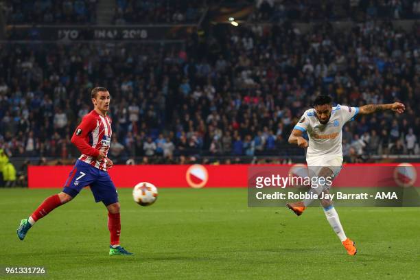 Jordan Amavi of Marseille has a shot at goal during the UEFA Europa League Final between Olympique de Marseille and Club Atletico de Madrid at Stade...