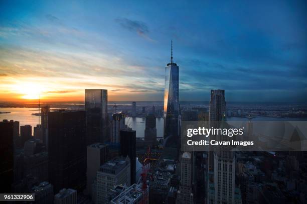 one world trade center against sky during sunset - spire stock pictures, royalty-free photos & images
