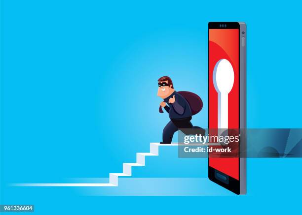 cyber thief exiting unlocked smartphone - lost phone stock illustrations
