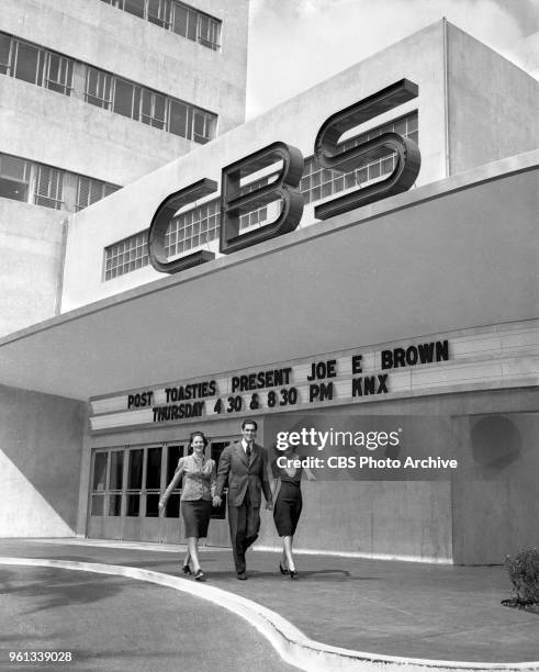 Gateway To Hollywood, a CBS Radio talent search program. Three young aspiring entrants at CBS KNX Studios at Columbia Square. Hollywood, CA. Pictured...